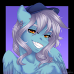 Size: 2048x2048 | Tagged: safe, artist:enderbee, oc, oc:ice, pegasus, pony, bust, chest fluff, commission, ear piercing, earring, fangs, female, hat, jewelry, lidded eyes, mare, piercing, portrait, purple background, raised hoof, sharp teeth, simple background, smiling, solo, teeth, toothy grin, wings