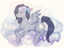 Size: 1330x1000 | Tagged: safe, artist:milkrainn, oc, oc only, oc:vylet, pegasus, pony, cloud, embarrassed, eyes closed, floral head wreath, flower, lying down, on a cloud, profile, prone, simple background, smiling, solo, white background