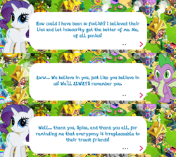 Size: 2045x1820 | Tagged: safe, gameloft, apple munchies, babs seed, fast clip, hondo flanks, manerick, pistachio, rarity, spike, dragon, pony, unicorn, g4, my little pony: magic princess, apple family member, claws, dialogue, dialogue box, english, event, female, horn, male, mare, mobile game, night guard, speech bubble, text, winged spike, wings