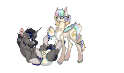 Size: 3626x2130 | Tagged: artist needed, safe, oc, bat pony, pony, unicorn, bat pony oc, blushing, commission, couple, cute, diaper, diaper change, digital art, duo, embarrassed, high res, horn, loving gaze, motherly, non-baby in diaper, render, shy, simple background, softcore, transparent background, unicorn oc, wet diaper
