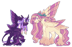 Size: 3107x2027 | Tagged: safe, artist:zemmalouz, fluttershy, twilight sparkle, alicorn, classical unicorn, pegasus, pony, unicorn, g4, alternate design, alternate hairstyle, blushing, cloven hooves, colored wings, duo, duo female, female, height difference, high res, horn, leonine tail, lesbian, looking at you, mare, multicolored wings, partially open wings, ship:twishy, shipping, simple background, smiling, smiling at you, tail, tail feathers, tallershy, transparent background, twilight sparkle (alicorn), unshorn fetlocks, wings