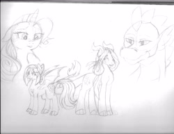 Size: 4944x3816 | Tagged: safe, artist:lunarskies92, rarity, spike, oc, dracony, hybrid, pony, unicorn, g4, bust, female, floppy ears, grayscale, interspecies offspring, male, mare, monochrome, offspring, older, older spike, parent:rarity, parent:spike, parents:sparity, pencil drawing, ship:sparity, shipping, straight, traditional art