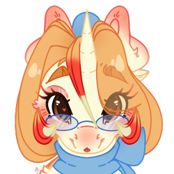 Size: 2500x2500 | Tagged: safe, alternate character, alternate version, artist:bananasplitedy, oc, oc only, pony, unicorn, blushing, bust, clothes, female, glasses, heart, heart eyes, high res, horn, looking at you, makeup, mare, portrait, scarf, simple background, solo, transparent background, unicorn oc, wingding eyes
