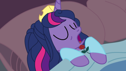 Size: 1280x720 | Tagged: safe, artist:brightstar40k, twilight sparkle, alicorn, pony, g4, clothes, crown, dress, female, jewelry, mare, open mouth, regalia, sleeping, sleeping beauty, snoring, solo, twilight sparkle (alicorn)