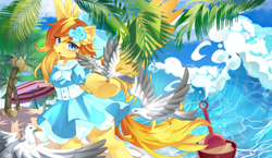 Size: 5160x3000 | Tagged: safe, artist:alus, oc, oc only, oc:mercy snow, bird, pegasus, pony, seagull, beach, beach umbrella, bowtie, bucket, clothes, coconut, cute, dress, female, food, happy, looking at you, open mouth, palm tree, pegasus oc, plant, raised hoof, sand, shadow, shovel, solo, spread wings, standing on two hooves, summer, toy, tree, wave, wings