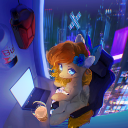 Size: 2048x2048 | Tagged: safe, artist:tingsan, oc, oc only, oc:mercy snow, pegasus, pony, blue eyes, bowtie, bubble tea, building, chair, chest fluff, city, computer, cyberpunk, drink, energy drink, female, glasses, happy, high angle, high res, keyboard, laptop computer, light, lights, looking at you, mansion, pegasus oc, red bull, screen, sitting, solo, the muppets, toy, video game, window, wings