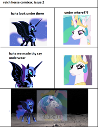 Size: 912x1190 | Tagged: safe, nightmare moon, princess celestia, alicorn, pony, g4, banishment, comic, ethereal mane, ethereal tail, glowing, glowing horn, horn, jewelry, joke, magic, meme, moon, regalia, smug, smuglestia, tail