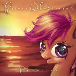 Size: 1080x1080 | Tagged: safe, artist:chocori, rainbow dash, scootaloo, pegasus, pony, g4, bust, eye reflection, female, filly, foal, ocean, open mouth, open smile, princewhateverer, reflection, smiling, song cover, sunset, water