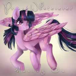 Size: 1080x1080 | Tagged: safe, artist:chocori, twilight sparkle, alicorn, pony, g4, faic, female, flying, gradient background, mare, princewhateverer, smiling, smirk, solo, song cover, turned head, twiface, twilight sparkle (alicorn)