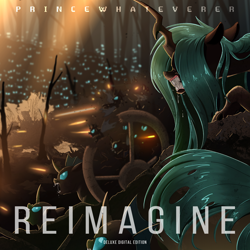 Size: 2000x2000 | Tagged: safe, artist:ncmares, queen chrysalis, changeling, changeling queen, pony, g4, album cover, army, crouching, dead tree, gunfire, hair over eyes, high res, horde, princewhateverer, snarling, text, tree, war
