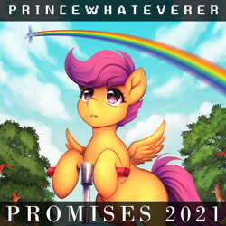 Size: 1500x1500 | Tagged: safe, artist:nemu majo, rainbow dash, scootaloo, pegasus, pony, g4, cloud, duo, female, filly, foal, looking up, mare, princewhateverer, rainbow trail, scooter, sky, song cover, tree