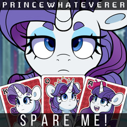 Size: 1500x1500 | Tagged: safe, artist:partypievt, rarity, pony, unicorn, g4, alternate hairstyle, beatnik rarity, beret, bust, close-up, clothes, female, hat, jewelry, looking at you, mare, multeity, necklace, pearl necklace, playing card, princewhateverer, solo, song cover, sweater, tiara, unamused