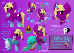 Size: 7000x5000 | Tagged: safe, artist:spiroudada, oc, oc:velvet sky, pony, unicorn, baby, baby pony, bow, clothes, colt, crossdressing, cute, dress, eyelashes, femboy, foal, gothic lolita, gradient background, lolita fashion, male, reference sheet, solo, stallion, teenager