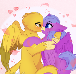 Size: 2812x2760 | Tagged: safe, artist:2pandita, oc, oc only, griffon, pegasus, pony, blushing, butt, duo, female, heart, high res, kiss on the lips, kissing, mare, oc x oc, plot, shipping