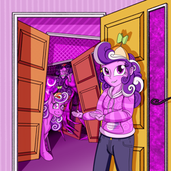 Size: 2500x2500 | Tagged: safe, artist:sixes&sevens, screwball, earth pony, human, pony, fanfic:the sunset archives, equestria girls, g4, clothes, door, fanfic art, hat, high res, hoodie, looking at you, propeller hat, self paradox, self ponidox, smiling, smiling at you, the distortion, the magnus archives