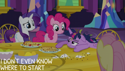 Size: 2000x1125 | Tagged: safe, edit, edited screencap, editor:quoterific, screencap, fluttershy, pinkie pie, rarity, twilight sparkle, alicorn, earth pony, pony, unicorn, castle sweet castle, g4, floppy ears, food, messy hair, pancakes, twilight sparkle (alicorn), twilight's castle