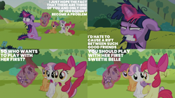 Size: 2000x1125 | Tagged: safe, edit, edited screencap, editor:quoterific, screencap, apple bloom, scootaloo, smarty pants, sweetie belle, twilight sparkle, earth pony, pegasus, pony, unicorn, g4, lesson zero, cutie mark crusaders, floppy ears, magic, messy hair, messy mane, messy tail, tail, telekinesis, twilight snapple, unicorn twilight