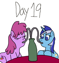 Size: 3000x3194 | Tagged: safe, artist:horroraceman93, berry punch, berryshine, minuette, earth pony, pony, unicorn, g4, drink, drinking straw, female, high res, lesbian, ship:berrygate, shipping, simple background, transparent background