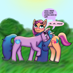 Size: 1280x1280 | Tagged: safe, artist:rosie_a_fur, izzy moonbow, sunny starscout, earth pony, pony, unicorn, g5, my little pony: a new generation, blushing, coat markings, dialogue, eeyup, female, gay panic, hug, lesbian, mare, ship:moonscout, shipping, socks (coat markings), unshorn fetlocks