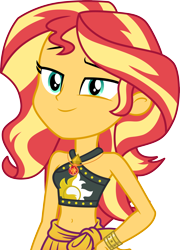 Size: 3000x4171 | Tagged: safe, artist:cloudy glow, sunset shimmer, human, equestria girls, g4, my little pony equestria girls: better together, unsolved selfie mysteries, .ai available, bare shoulders, belly button, bikini, bikini top, clothes, female, geode of empathy, grin, hand on hip, jewelry, lidded eyes, magical geodes, midriff, necklace, sarong, simple background, skirt, sleeveless, smiling, solo, sunset shimmer swimsuit, swimsuit, transparent background, vector, wrist cuff
