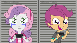 Size: 4800x2700 | Tagged: safe, artist:phantomshadow051, scootaloo, sweetie belle, human, equestria girls, g4, arrested, barbie, barbie (film), barbie mugshot meme, crying, cute, digital art, duo, duo female, english, female, indoors, jail, lesbian, meme, mugshot, name, open mouth, open smile, prison, ship:scootabelle, shipping, signature, smiling, text, varying degrees of amusement