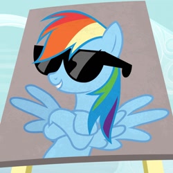 Size: 1080x1080 | Tagged: safe, screencap, rainbow dash, pegasus, pony, fame and misfortune, g4, season 7, 20% cooler, crossed hooves, female, mare, smiling, solo, spread wings, sunglasses, we're not flawless, wings