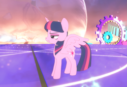Size: 1685x1152 | Tagged: safe, artist:wonderls, twilight sparkle, alicorn, pony, g4, 3d, 3d model, concave belly, female, furrowed brow, game, game screencap, lidded eyes, mare, solo, spread wings, standing, twilight sparkle (alicorn), twilight sparkle is not amused, unamused, wings