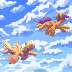Size: 1445x1447 | Tagged: safe, artist:kaermter, scootaloo, oc, oc:waveform, pegasus, pony, g4, cloud, duo, female, flying, looking at someone, male, mare, scootaloo can fly, sky, stallion