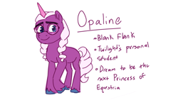 Size: 1280x720 | Tagged: safe, artist:mythicalartist_, opaline arcana, pony, unicorn, g5, blank flank, english, female, filly, filly opaline arcana, glasses, headcanon, ringlets, simple background, solo, teenager, text, unshorn fetlocks, white background, younger