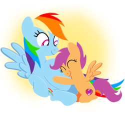 Size: 1400x1400 | Tagged: safe, artist:mlplary6, rainbow dash, scootaloo, pegasus, pony, g4, aunt, auntie scootaloo, duo, eyes closed, female, happy, hug, lying down, mare, preggo dash, pregnant, scootalove, sibling love, siblings, sisters, sitting, smiling, teenager