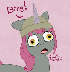 Size: 1456x1485 | Tagged: safe, artist:ismazhecat, mint grove, pony, unicorn, g5, my little pony: a new generation, beanie, bing bong, draw this in your style, hat, pink background, simple background