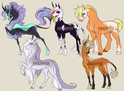 Size: 1650x1210 | Tagged: safe, artist:dementra369, oc, earth pony, hybrid, kirin, mule, pony, unicorn, character design, coat markings, concave belly, diverse body types, group, hooves, leonine tail, long mane, long tail, physique difference, quadrupedal, quintet, raised hoof, simple background, slender, tail, thin, thin legs