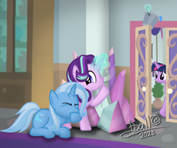 Size: 3264x2724 | Tagged: safe, artist:tidmouthmilk12, starlight glimmer, trixie, twilight sparkle, alicorn, pony, unicorn, g4, atg 2023, bucket, bucket of water, door, high res, magic, magic aura, moments before disaster, newbie artist training grounds, prank, school of friendship, shhh, signature, stifling laughter, telekinesis, this will end in petrification, twilight sparkle (alicorn), twilight's office