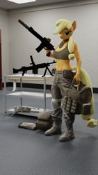Size: 2160x3840 | Tagged: safe, artist:lumimation, applejack, earth pony, anthro, g4, 3d, abs, armor, blender, blonde, clothes, fantasy class, fit, gun, hatless, high res, looking at you, m240b, m4a1, military, military uniform, missing accessory, slender, suppressor, tank top, thin, uniform, warrior, weapon