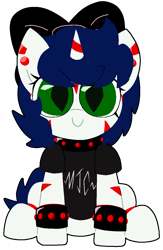 Size: 822x1261 | Tagged: safe, artist:yamston, oc, oc only, oc:yancy greenfield, hybrid, pony, unicorn, fanfic:living the dream, 2023, blue hair, bow, bracelet, clothes, collar, cute, ear piercing, fanfic art, female, filly, foal, goth, green eyes, hair bow, horn, hybrid oc, jewelry, looking at you, parent:oc:lance greenfield, parent:oc:yamston crowe, piercing, red stripes, shirt, simple background, slit pupils, solo, stripes, studded bracelet, transparent background, two toned coat, white coat