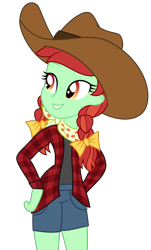 Size: 2145x3549 | Tagged: safe, artist:starcollider, candy apples, human, equestria girls, g4, .svg available, apple family member, bandana, base used, bow, clothes, cowboy hat, cowgirl, equestria girls-ified, female, hair bow, hand on hip, hat, high res, jeans, pants, pigtails, shirt, short jeans, simple background, solo, stetson, svg, transparent background, vector