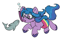 Size: 2054x1314 | Tagged: safe, artist:rokosmith26, izzy moonbow, pony, shark, unicorn, g5, bubble, cheek fluff, eye clipping through hair, female, goggles, horn, inner tube, looking at each other, looking at someone, looking at something, mare, pool toy, simple background, snorkel, solo, swimming, tail, transparent background, underwater, unicorn horn, unshorn fetlocks, water, wingding eyes, ych example, your character here
