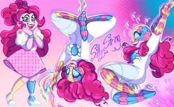 Size: 2048x1267 | Tagged: safe, artist:carouselunique, pinkie pie, human, spider, g4, alternate hairstyle, bracelet, clothes, crossover, ear piercing, earring, female, flats, happy, humanized, jewelry, lipstick, looking at you, makeup, male, marvel, mismatched socks, open mouth, open smile, piercing, shirt, shoes, skirt, smiling, socks, solo, spider-man, spider-sona, stockings, thigh highs, upside down