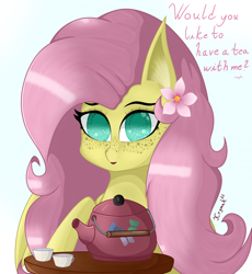 Size: 3440x3740 | Tagged: safe, artist:krymak, fluttershy, g4, flower, flower in hair, food, high res, simple background, talking to viewer, tea