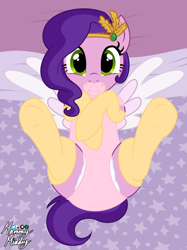 Size: 2048x2732 | Tagged: safe, artist:mommymidday, pipp petals, pegasus, pony, g4, g5, abdl, adorapipp, adult foal, bed, butt, clothes, colored wings, crossed hooves, cute, diaper, diaper fetish, diapered, fetish, g4 style, g5 to g4, generation leap, happy, headpiece, high res, looking at you, lying down, non-baby in diaper, on back, onesie, pacifier, pink onesie, plot, show accurate, signature, socks, solo, spread legs, spread wings, spreading, two toned wings, wings