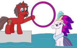 Size: 2700x1680 | Tagged: safe, artist:supahdonarudo, queen novo, oc, oc:ironyoshi, seapony (g4), unicorn, g4, my little pony: the movie, angry, atg 2023, cross-popping veins, emanata, holding, hoop, newbie artist training grounds, queen novo is not amused, simple background, transparent background, unamused, water, whistle