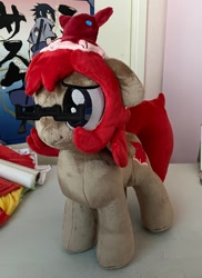 Size: 1488x2048 | Tagged: safe, artist:lilmoon, oc, oc only, oc:coral redsea, earth pony, pony, squid, brown coat, commission, glasses, hat, irl, photo, plushie, pony plushie, red mane, vampire squid