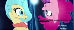 Size: 1280x535 | Tagged: safe, edit, edited screencap, screencap, pinkie pie, princess skystar, earth pony, seapony (g4), g4, my little pony: the movie, bioluminescent, bubble, comic, dorsal fin, duo, female, fin, fin wings, fins, flowing mane, jewelry, looking at each other, looking at someone, mare, mermaid man and barnacle boy, necklace, ocean, open mouth, open smile, pearl necklace, scales, screencap comic, seaponified, seapony pinkie pie, seaquestria, smiling, species swap, spongebob squarepants, swimming, teeth, underwater, water, wings