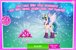 Size: 1961x1296 | Tagged: safe, gameloft, idw, princess celestia, alicorn, pony, g4, my little pony: magic princess, reflections, advertisement, costs real money, crown, english, evil celestia, evil counterpart, female, gem, horn, idw showified, jewelry, mare, mirror universe, mobile game, numbers, regalia, sale, solo, spread wings, text, wings