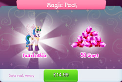 Size: 1264x855 | Tagged: safe, gameloft, idw, princess celestia, alicorn, pony, g4, my little pony: magic princess, reflections, bundle, costs real money, crown, english, evil celestia, evil counterpart, female, gem, horn, idw showified, jewelry, magic pack, mare, mirror universe, mobile game, numbers, regalia, sale, solo, spread wings, text, wings