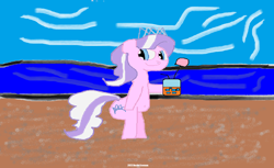 Size: 1822x1114 | Tagged: safe, artist:coltfan97, diamond tiara, earth pony, pony, g4, 1000 hours in ms paint, beach, belly button, holding, standing on two hooves