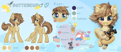 Size: 3500x1500 | Tagged: safe, artist:inowiseei, oc, oc only, oc:buttercup, dog, pegasus, pony, ball, bandaid, blank flank, building blocks, butt, cake, car, colt, compass, cute, foal, food, ice tea, male, map, plot, plushie, reference sheet, solo, sword, weapon