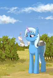 Size: 969x1415 | Tagged: safe, artist:eriada, trixie, pony, unicorn, g4, blue sky, bush, cloud, female, field, flower, grass, ground, mare, paper, pencil, scroll, sky, solo, writing