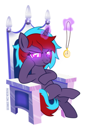 Size: 677x1000 | Tagged: safe, artist:jennieoo, oc, oc only, oc:charming dazz, pony, unicorn, crossed hooves, crossed legs, evil smile, glowing, glowing eyes, glowing horn, grin, horn, hypnosis, looking at you, magic, patreon, patreon reward, pocket watch, show accurate, simple background, smiling, smiling at you, smirk, solo, transparent background, vector