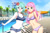 Size: 1599x1052 | Tagged: safe, artist:jaycee, cheerilee, coco pommel, human, g4, anime, beach, big breasts, bikini, blushing, breasts, busty cheerilee, busty coco pommel, clothes, doll divine, duo, duo female, female, human coloration, humanized, looking at you, smiling, smiling at you, swimsuit